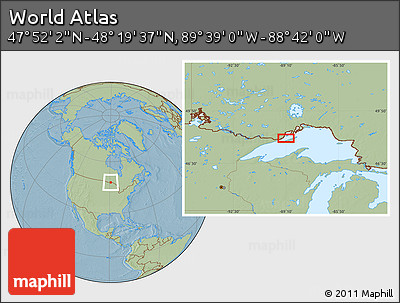 Savanna Style Location Map of the Area around 48° 5' 50" N, 89° 10' 30" W, hill shading