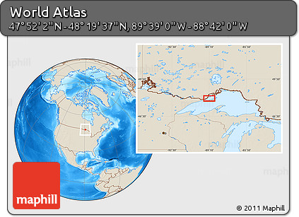 Shaded Relief Location Map of the Area around 48° 5' 50" N, 89° 10' 30" W