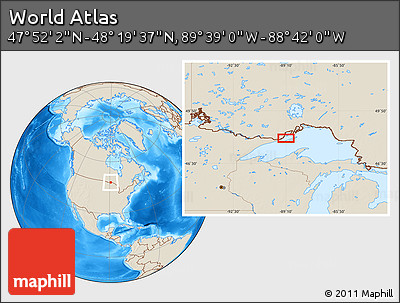 Shaded Relief Location Map of the Area around 48° 5' 50" N, 89° 10' 30" W