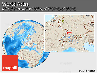 Shaded Relief Location Map of the Area around 48° 5' 50" N, 8° 34' 29" E