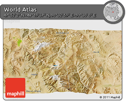 Satellite 3D Map of the Area around 48° 5' 50" N, 91° 1' 30" E