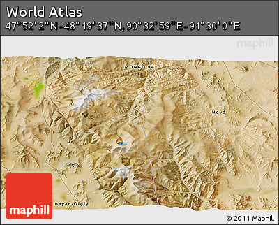 Satellite 3D Map of the Area around 48° 5' 50" N, 91° 1' 30" E