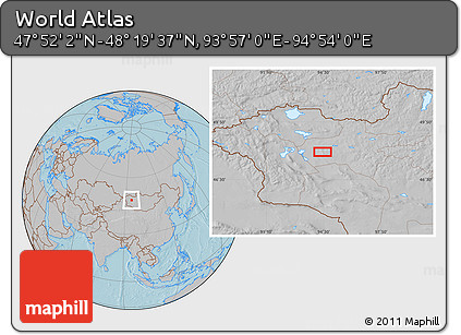 Gray Location Map of the Area around 48° 5' 50" N, 94° 25' 30" E, hill shading