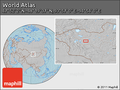 Gray Location Map of the Area around 48° 5' 50" N, 94° 25' 30" E, hill shading