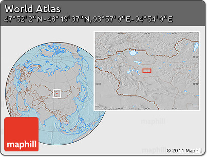 Gray Location Map of the Area around 48° 5' 50" N, 94° 25' 30" E, hill shading