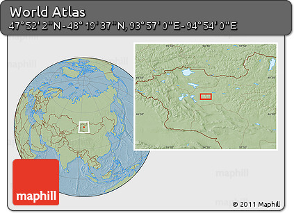 Savanna Style Location Map of the Area around 48° 5' 50" N, 94° 25' 30" E, hill shading