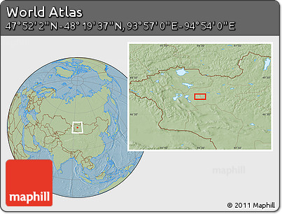 Savanna Style Location Map of the Area around 48° 5' 50" N, 94° 25' 30" E, hill shading