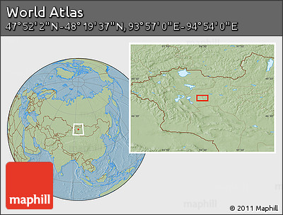 Savanna Style Location Map of the Area around 48° 5' 50" N, 94° 25' 30" E, hill shading