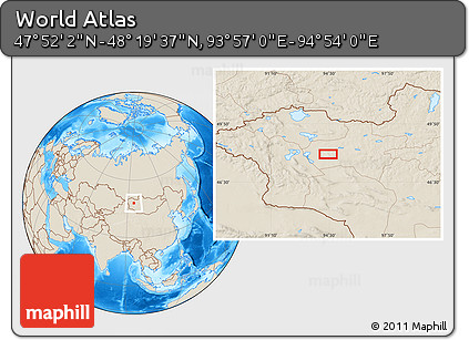 Shaded Relief Location Map of the Area around 48° 5' 50" N, 94° 25' 30" E