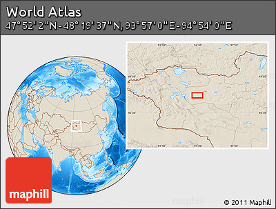 Shaded Relief Location Map of the Area around 48° 5' 50" N, 94° 25' 30" E