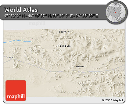 Shaded Relief 3D Map of the Area around 48° 5' 50" N, 96° 7' 30" E