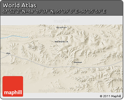 Shaded Relief 3D Map of the Area around 48° 5' 50" N, 96° 7' 30" E