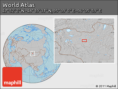 Gray Location Map of the Area around 48° 5' 50" N, 96° 7' 30" E, hill shading
