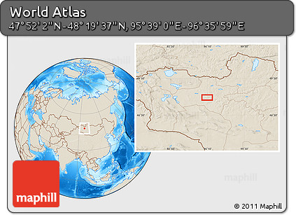 Shaded Relief Location Map of the Area around 48° 5' 50" N, 96° 7' 30" E
