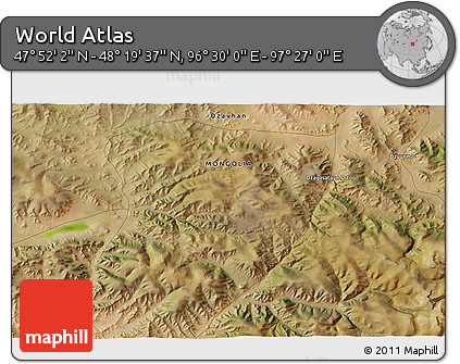Satellite 3D Map of the Area around 48° 5' 50" N, 96° 58' 29" E