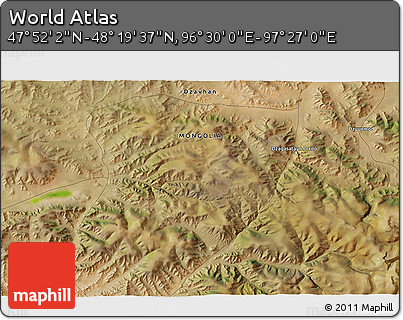 Satellite 3D Map of the Area around 48° 5' 50" N, 96° 58' 29" E