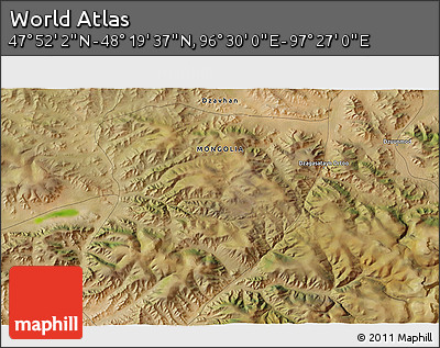 Satellite 3D Map of the Area around 48° 5' 50" N, 96° 58' 29" E