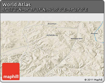 Shaded Relief 3D Map of the Area around 48° 5' 50" N, 96° 58' 29" E