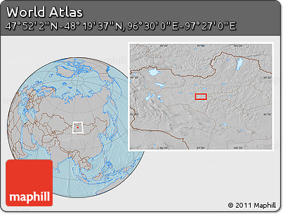 Gray Location Map of the Area around 48° 5' 50" N, 96° 58' 29" E, hill shading