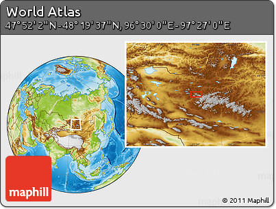 Physical Location Map of the Area around 48° 5' 50" N, 96° 58' 29" E