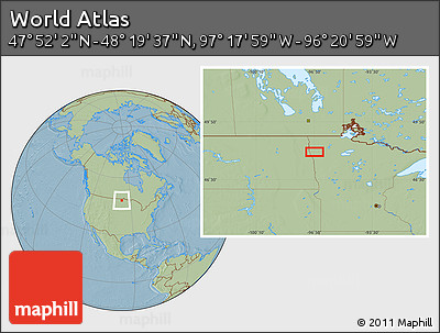 Savanna Style Location Map of the Area around 48° 5' 50" N, 96° 49' 29" W, hill shading