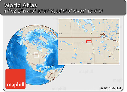 Shaded Relief Location Map of the Area around 48° 5' 50" N, 97° 40' 30" W