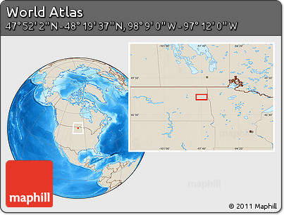 Shaded Relief Location Map of the Area around 48° 5' 50" N, 97° 40' 30" W