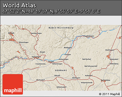 Shaded Relief 3D Map of the Area around 48° 5' 50" N, 9° 25' 30" E