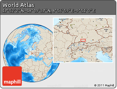 Shaded Relief Location Map of the Area around 48° 5' 50" N, 9° 25' 30" E