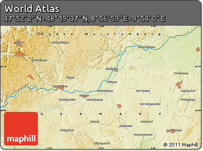 Physical Map of the Area around 48° 5' 50" N, 9° 25' 30" E