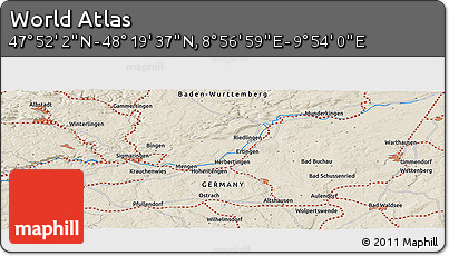Shaded Relief Panoramic Map of the Area around 48° 5' 50" N, 9° 25' 30" E