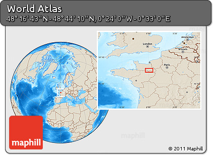 Shaded Relief Location Map of the Area around 48° 30' 27" N, 0° 4' 30" E