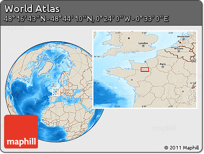 Shaded Relief Location Map of the Area around 48° 30' 27" N, 0° 4' 30" E