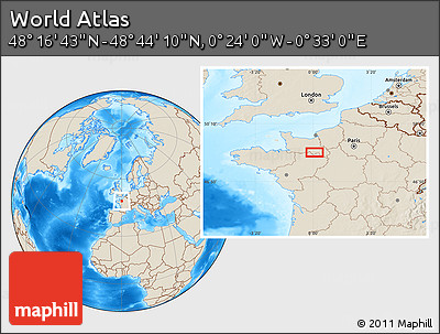 Shaded Relief Location Map of the Area around 48° 30' 27" N, 0° 4' 30" E