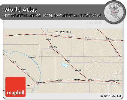 Shaded Relief 3D Map of the Area around 48° 30' 27" N, 100° 13' 29" W