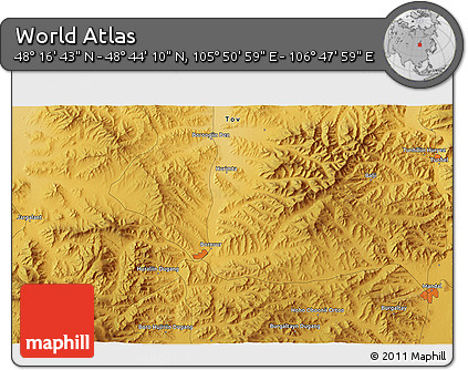 Physical 3D Map of the Area around 48° 30' 27" N, 106° 19' 29" E