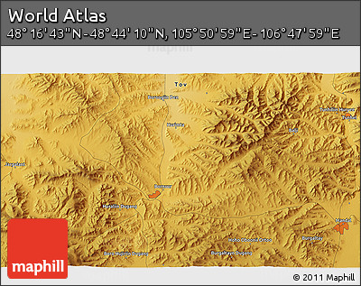 Physical 3D Map of the Area around 48° 30' 27" N, 106° 19' 29" E