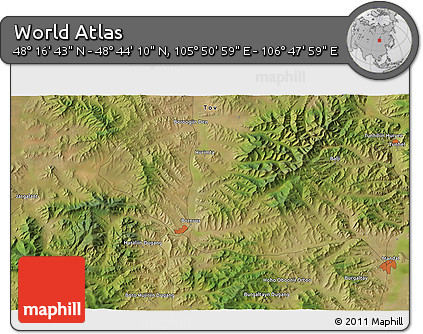 Satellite 3D Map of the Area around 48° 30' 27" N, 106° 19' 29" E