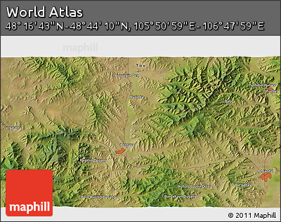 Satellite 3D Map of the Area around 48° 30' 27" N, 106° 19' 29" E