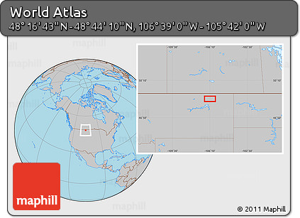 Gray Location Map of the Area around 48° 30' 27" N, 106° 10' 30" W