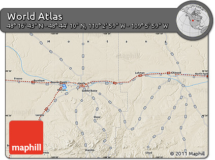 Shaded Relief Map of the Area around 48° 30' 27" N, 109° 34' 29" W