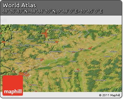 Satellite 3D Map of the Area around 48° 30' 27" N, 10° 16' 30" E