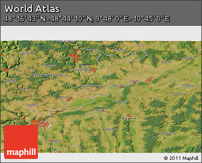 Satellite 3D Map of the Area around 48° 30' 27" N, 10° 16' 30" E