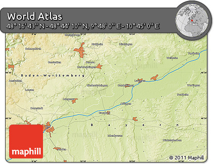 Physical Map of the Area around 48° 30' 27" N, 10° 16' 30" E