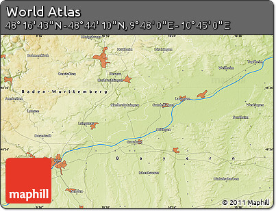 Physical Map of the Area around 48° 30' 27" N, 10° 16' 30" E