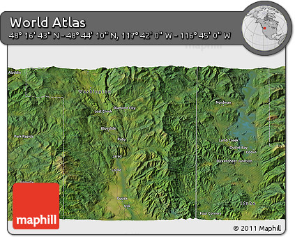 Satellite 3D Map of the Area around 48° 30' 27" N, 117° 13' 29" W