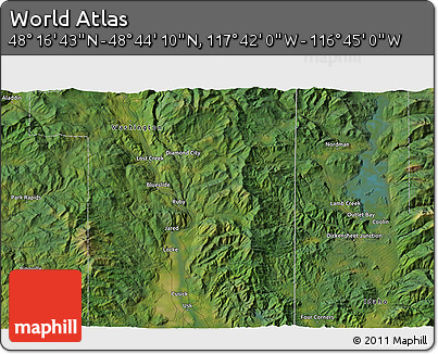 Satellite 3D Map of the Area around 48° 30' 27" N, 117° 13' 29" W