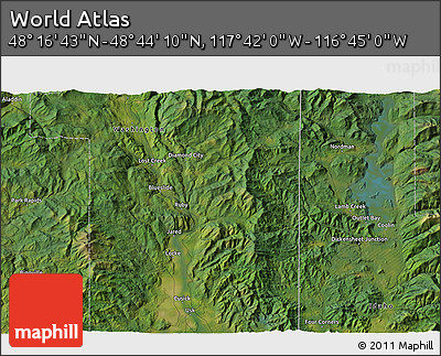Satellite 3D Map of the Area around 48° 30' 27" N, 117° 13' 29" W