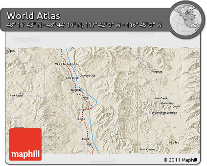 Shaded Relief 3D Map of the Area around 48° 30' 27" N, 117° 13' 29" W