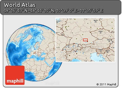 Shaded Relief Location Map of the Area around 48° 30' 27" N, 11° 7' 30" E